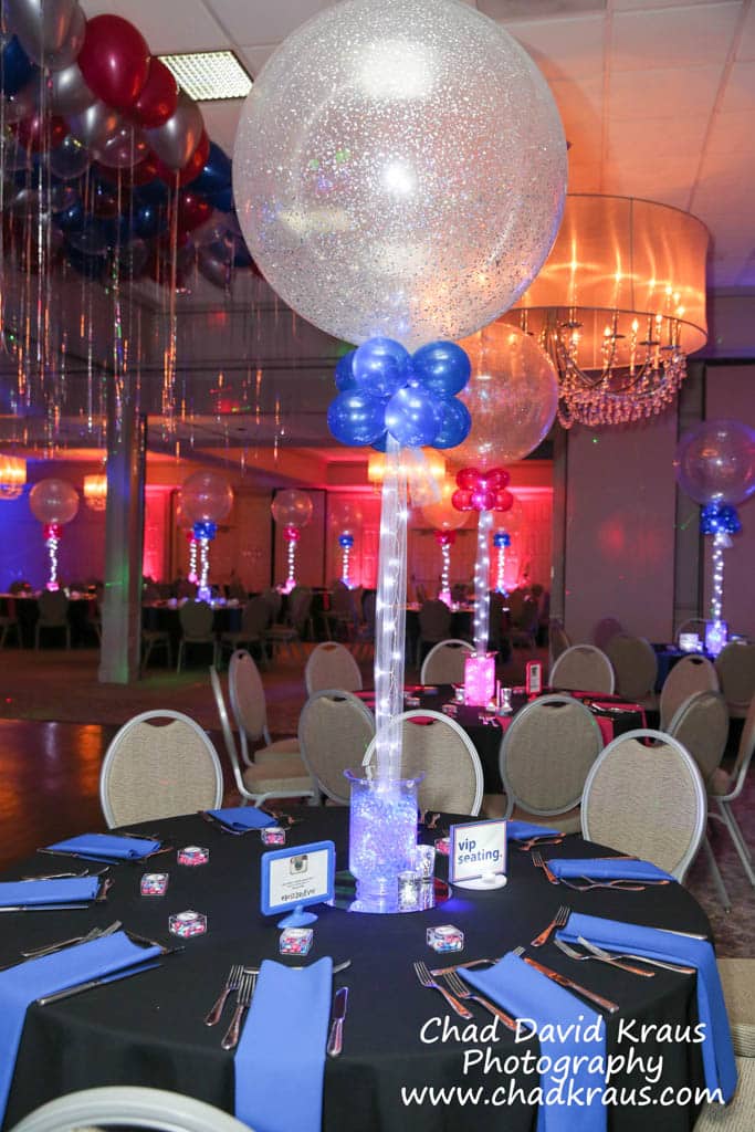Blue Sparkle Balloon and Aqua Gems Centerpiece with LED Lights for Bnai Mitzvah