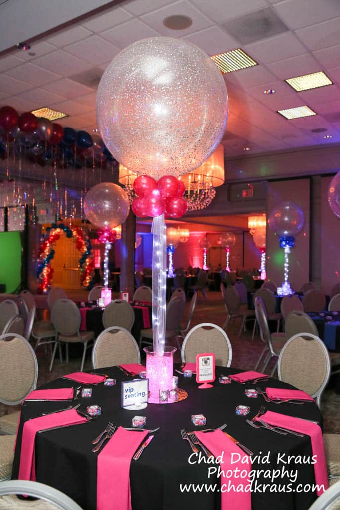 Pink Sparkle Balloon and Aqua Gems Centerpiece with LED Lights for Bnai Mitzvah