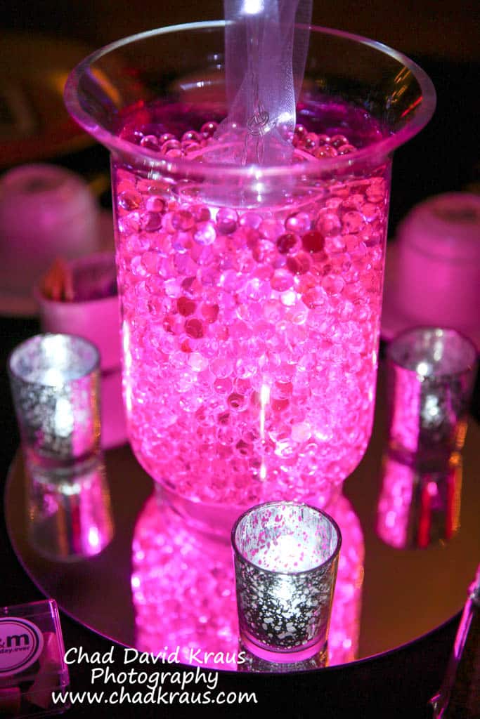 Pink Sparkle Balloon and Aqua Gems Centerpiece with LED Lights for Bnai Mitzvah