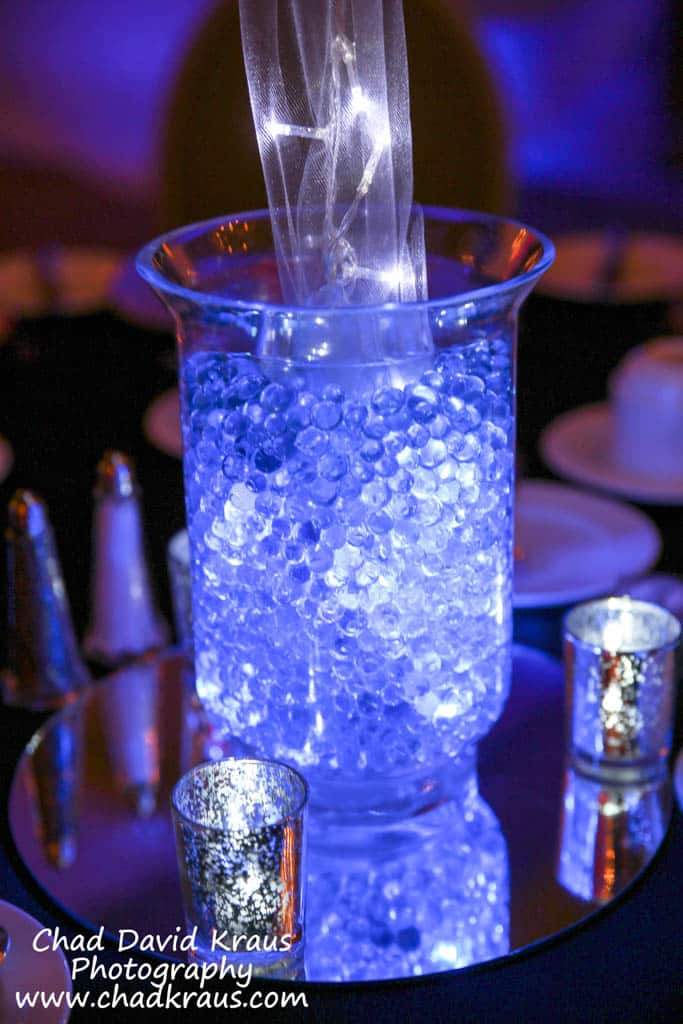 Blue Sparkle Balloon and Aqua Gems Centerpiece with LED Lights for Bnai Mitzvah