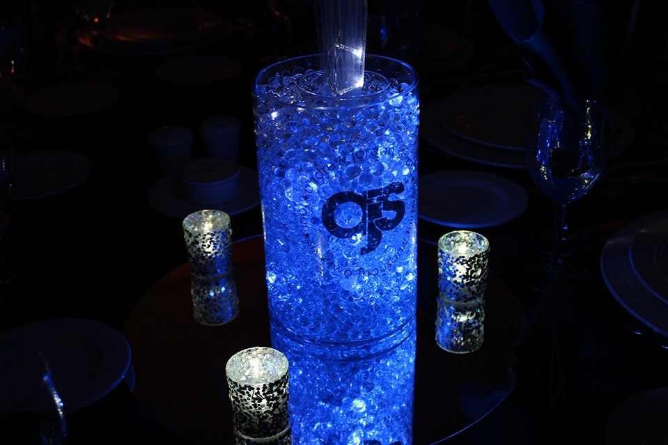 Bar Mitzvah Centerpiece with Aqua Gems, LED Lighting and Logo Decal