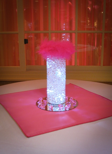 Mini Vase with Aqua Gems, LED Lights and Feather Trim Centerpiece