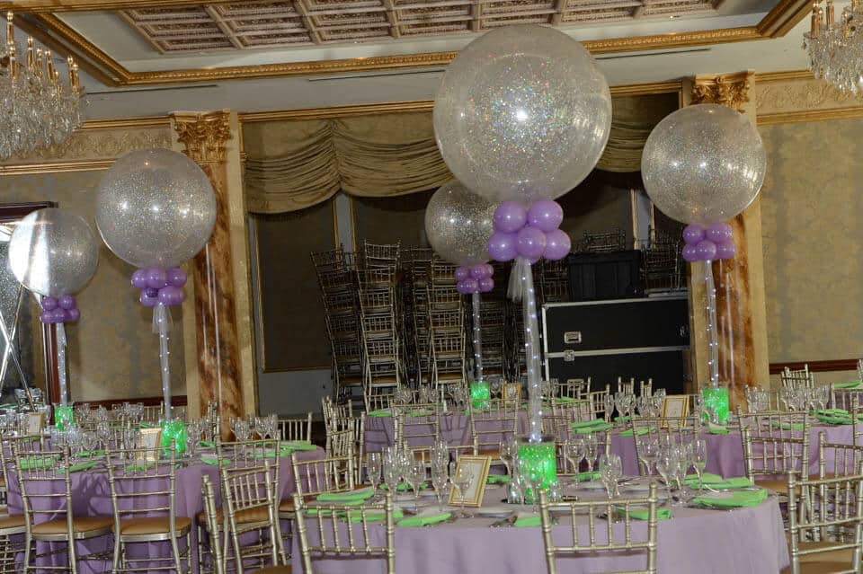 Silver and Lavender Sparkle Balloon Centerpiece with Lime Aqua Gems and LED Lighting