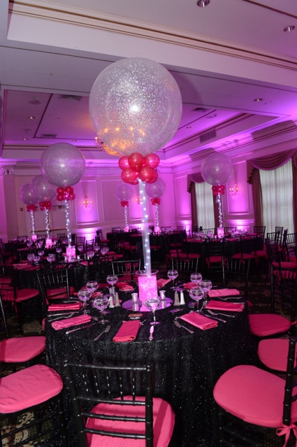Silver Sparkle Balloon Centerpiece with Hot Pink Aqua Gems and LED Lights