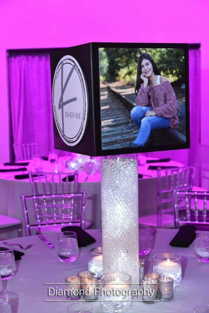 Custom Photo Cube Centerpiece with Photos and Logos on LED Cylinder with Clear Gems