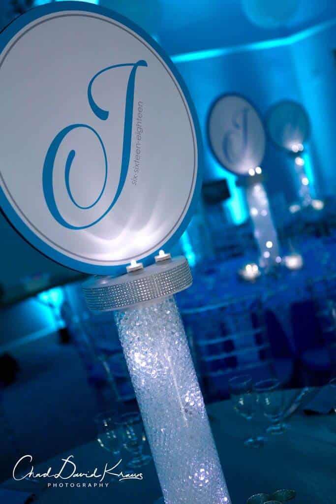 LED Logo Centerpiece with Aqua Gems on Cylinder