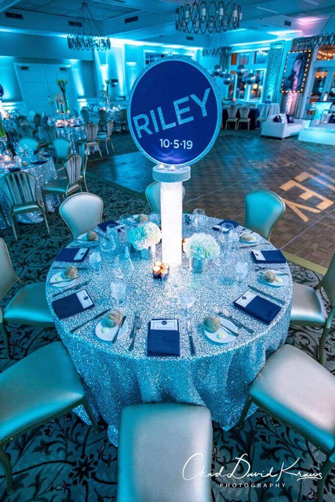 Custom Bat Mitzvah Logo Centerpiece on LED Vase with Gems and Lights at Willow Ridge Country Club