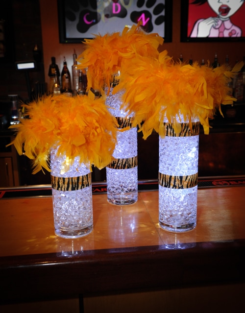 Aqua Gems Bar Centerpiece with Tiger Print Ribbon and Feathers