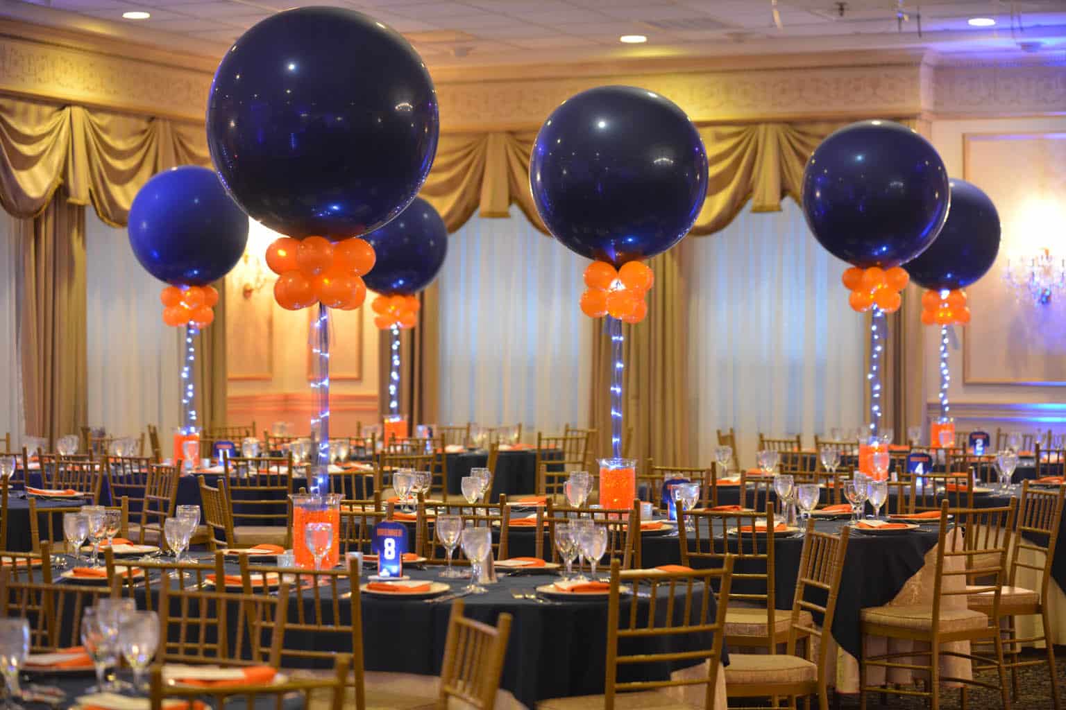 Bar Mitzvah Centerpiece with Aqua Gems, LED Lights and Large Navy and Orange Balloons