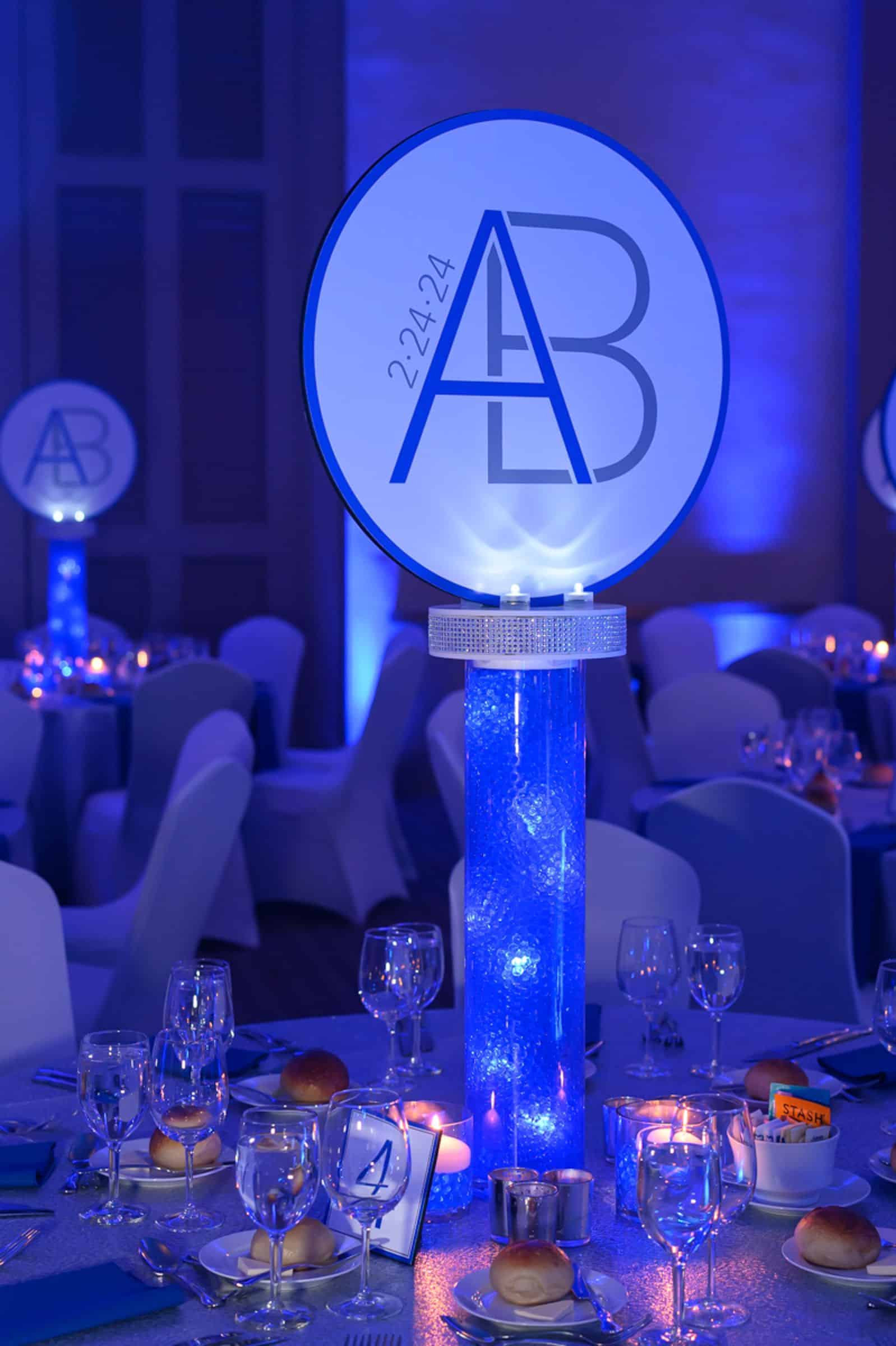 LED Logo Centerpiece with Custom Logo Topper and Blue Aqua Gems