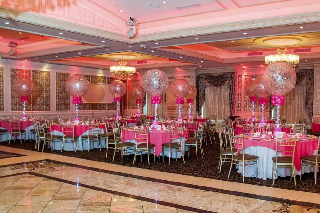 Hot Pink and Silver Sparkle Balloons with LED Vases and Gems at the Base