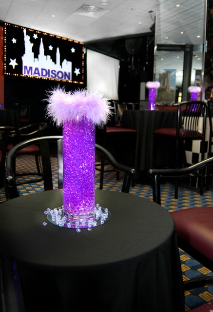Purple Aqua Gems Centerpiece with Feather Trim
