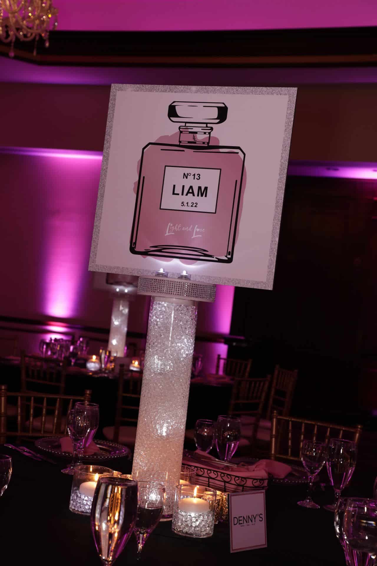 Fashion Themed Logo Centerpiece with LED Gems and Votive Candles