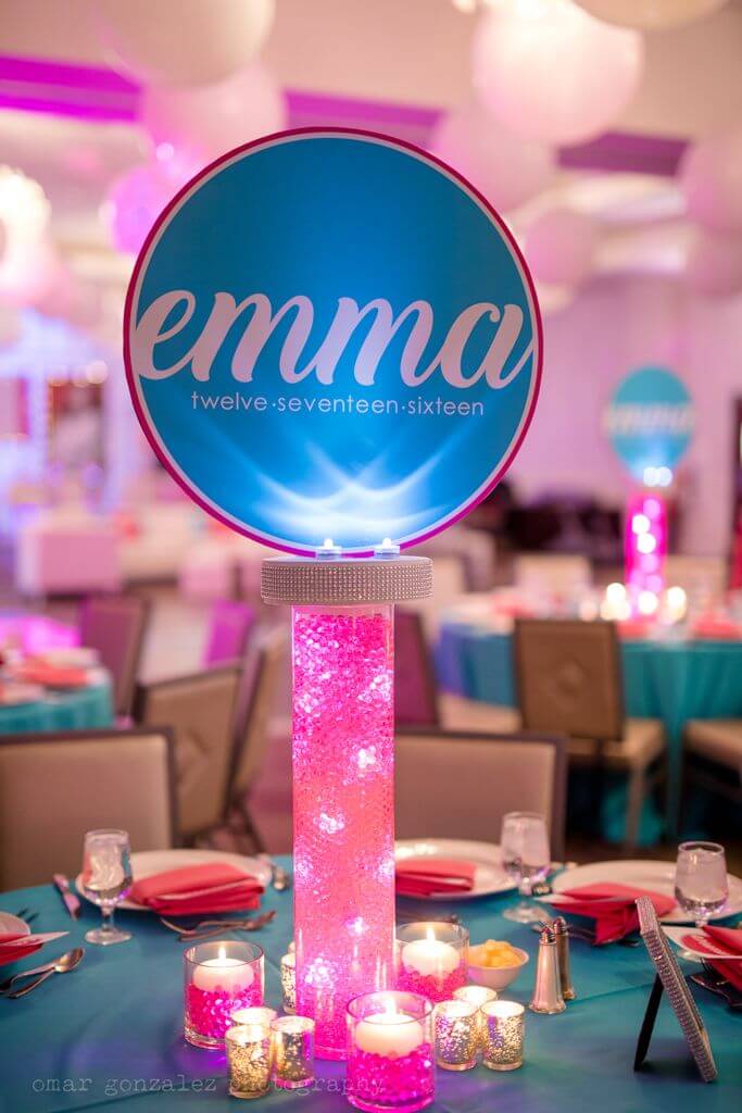 LED Centerpiece with Aqua Gems, Lights and Logo Topper