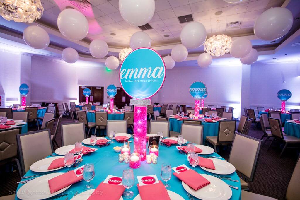 LED Centerpiece with Aqua Gems, Lights and Logo Topper