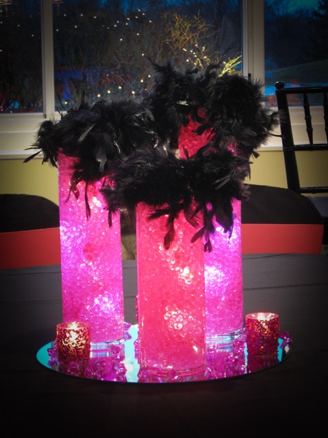 Hot Pink Aqua Gems Centerpiece with Feather Trim and LED Lighting