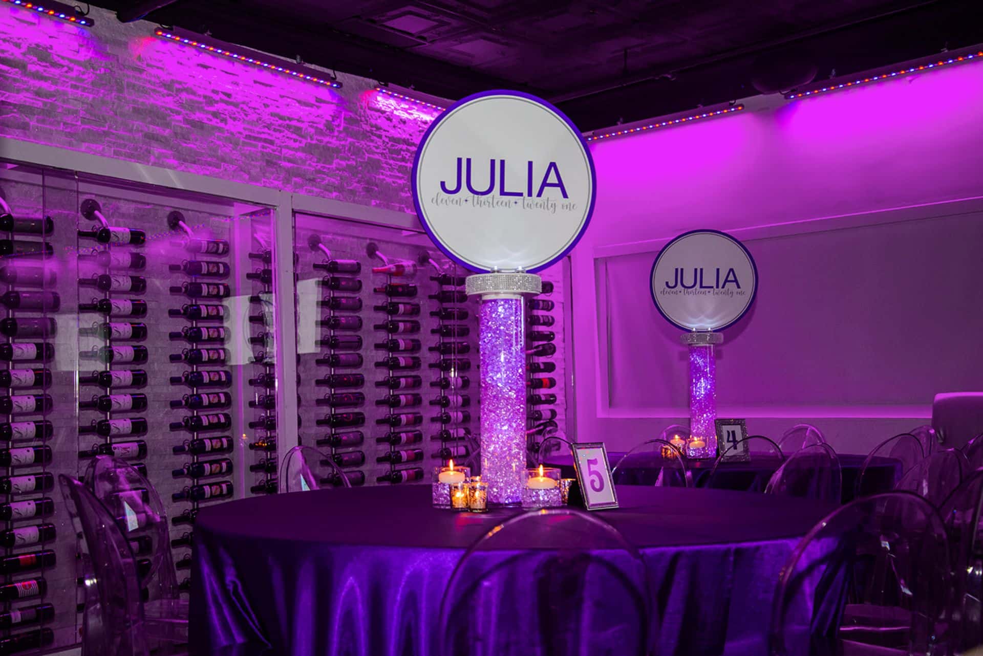 Beautiful LED Logo Centerpiece with Turquoise Aqua Gems for Bat Mitzvah Decor