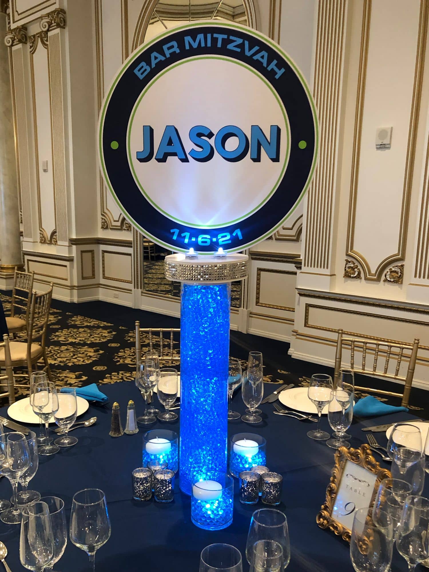 LED Logo Topper with Blue Aqua Gems for Bat Mitzvah Centerpiece