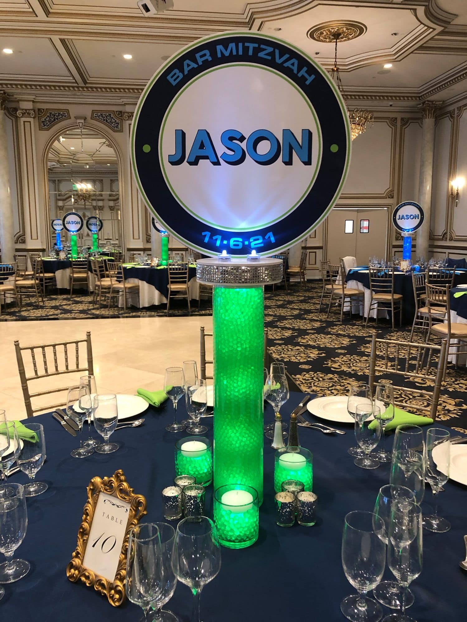 LED Logo Topper with Green Aqua Gems for Bat Mitzvah Centerpiece
