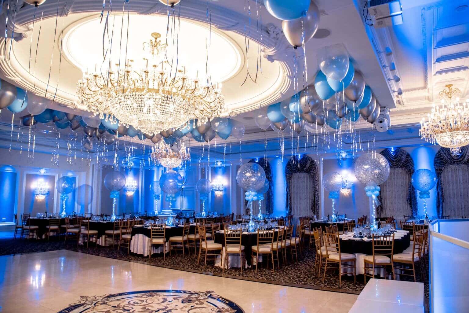 Light Blue and Silver Sparkle Balloon Centerpieces with Aqua Gems and LED Lighting at Primavera Regency
