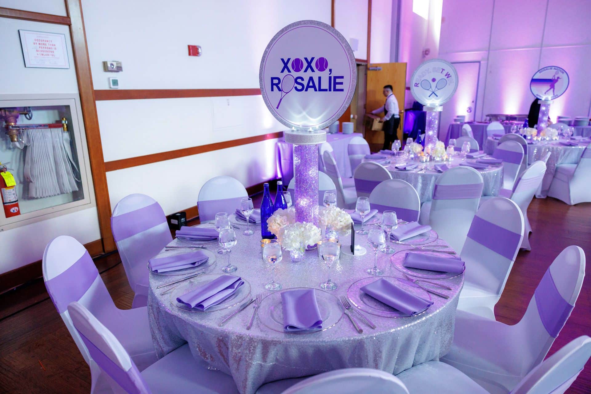 Purple Aqua Gems Centerpiece with Logo at Temple Israel Center