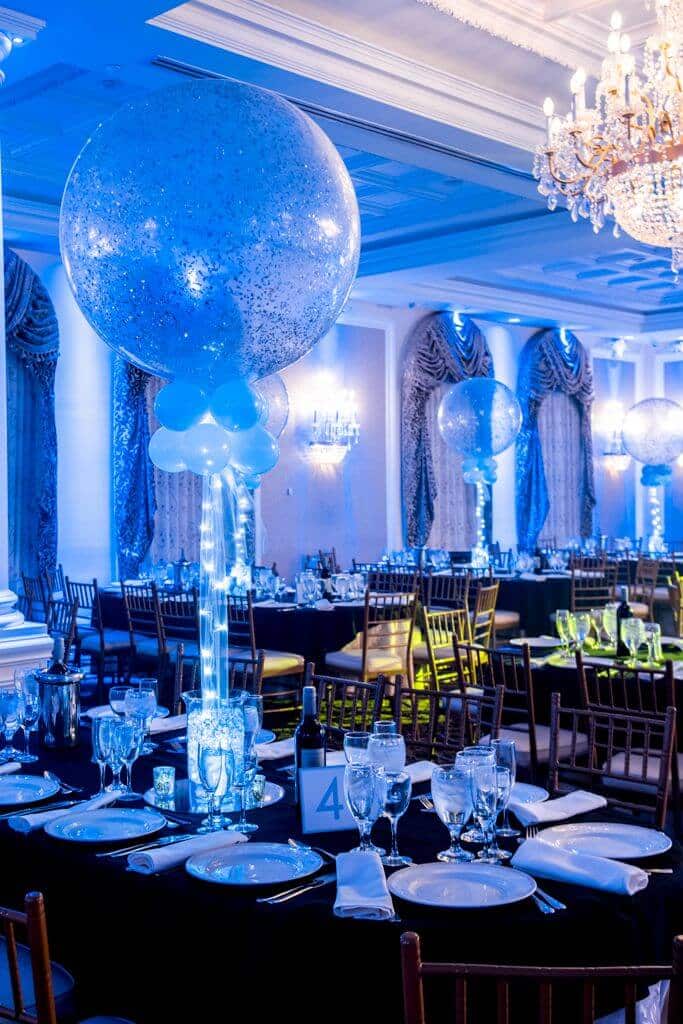 Light Blue and Silver Sparkle Balloon Centerpiece with Aqua Gems and Lights