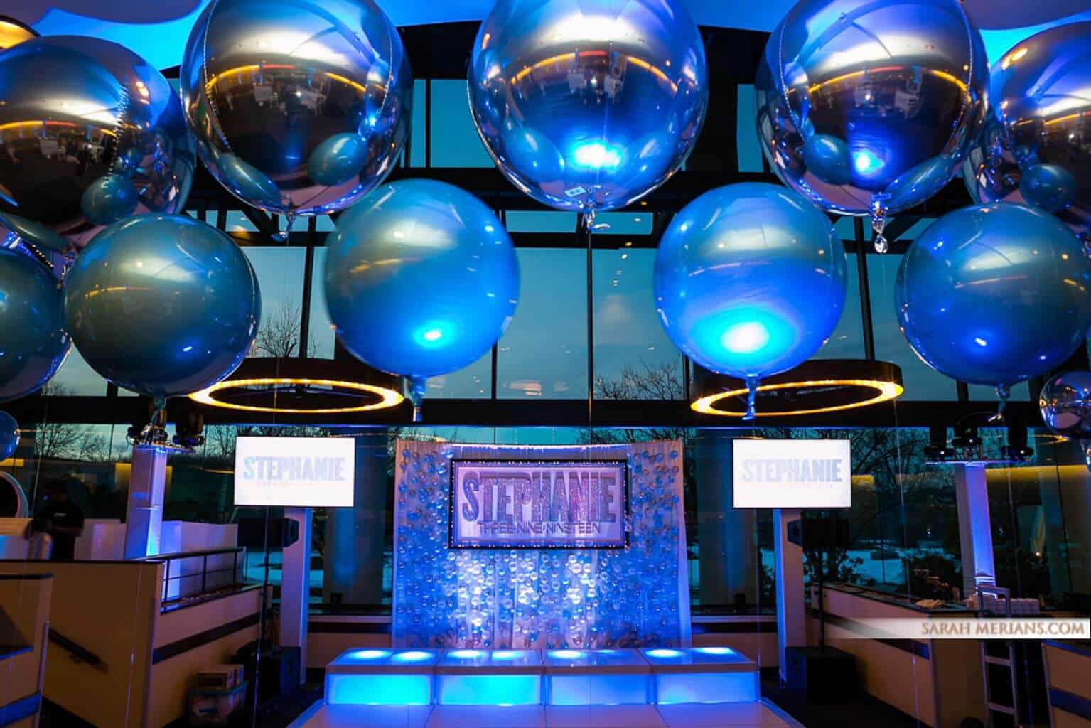 Bat Mitzvah Backdrop with Glittered Name and Date and Blue LED Balloon Bubble Wall