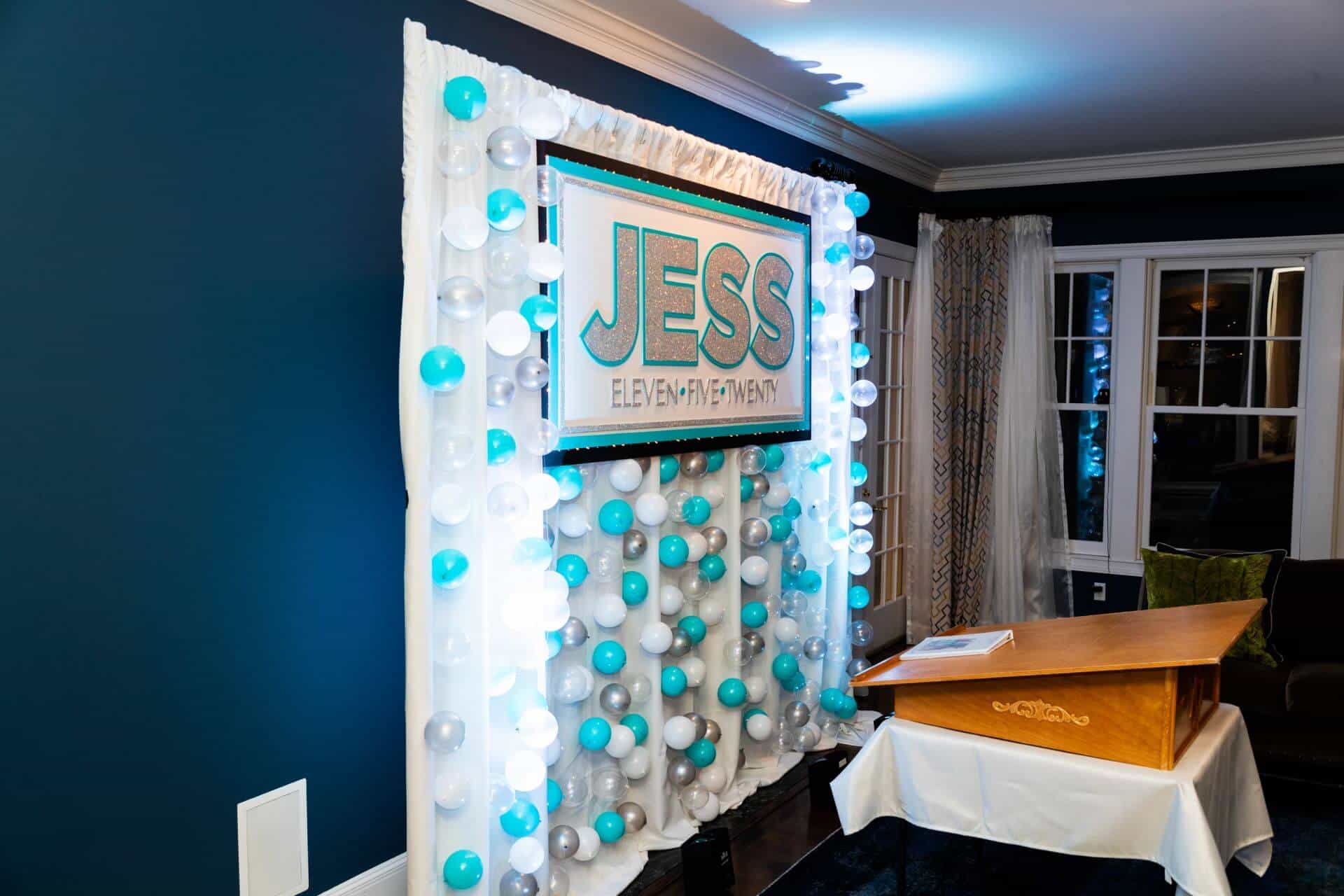 Custom Service Backdrop with Glittered Name Sign and Balloon Bubble Wall