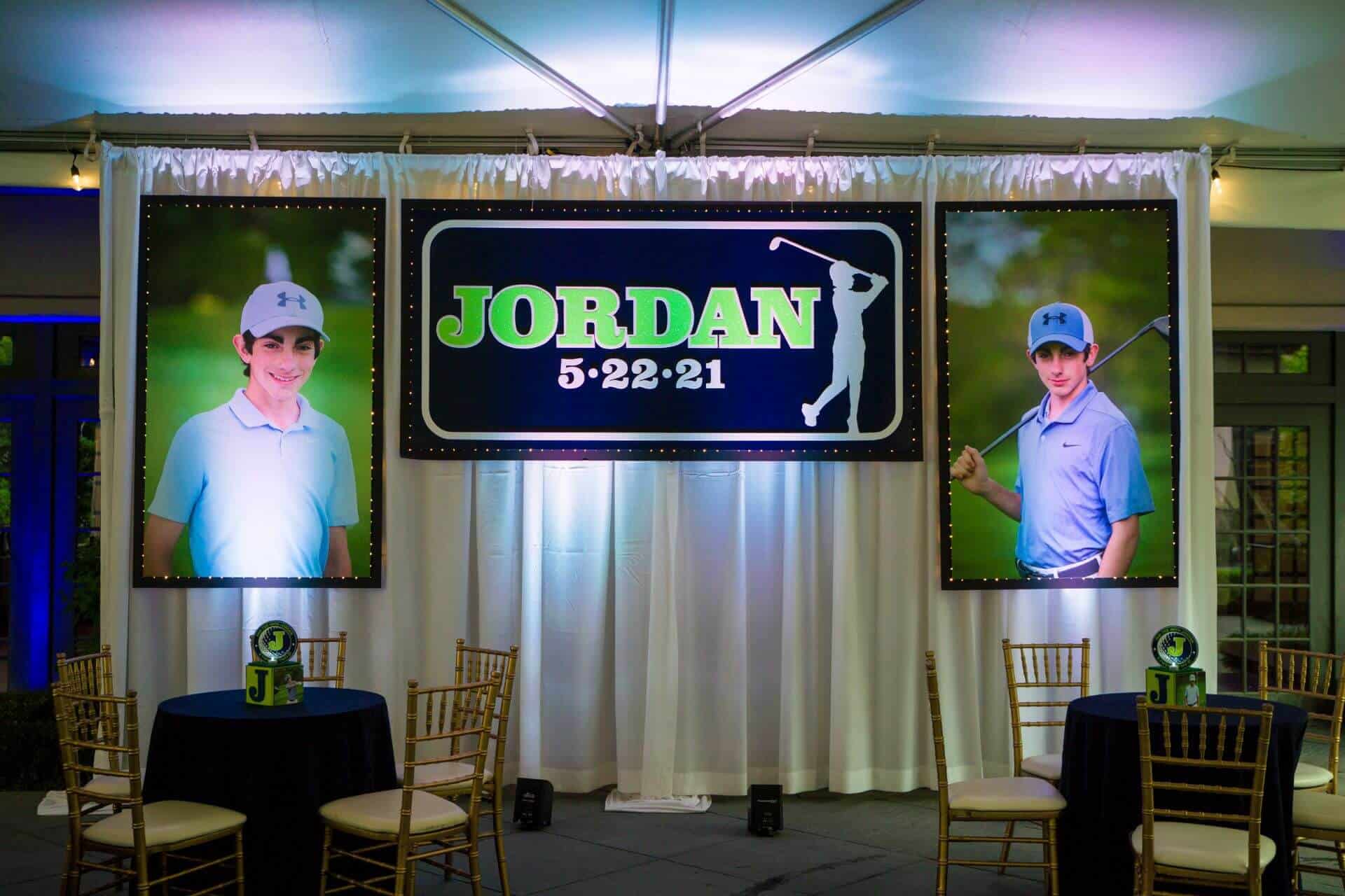 Golf Themed Backdrop with Custom Logo and Blowup Photos for Bar Mitzvah
