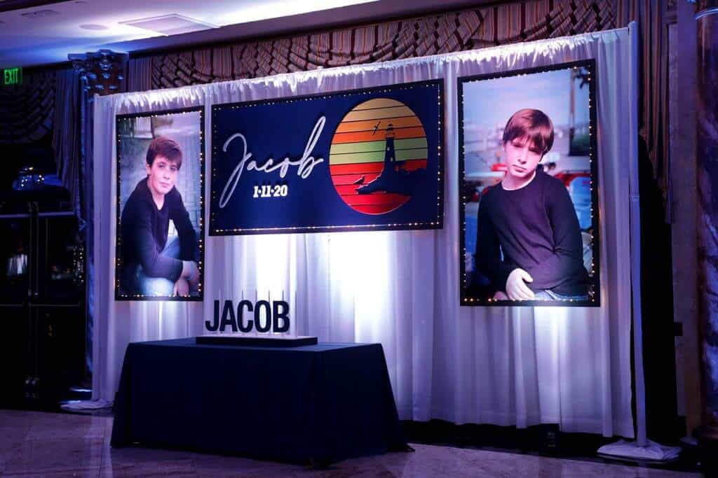 Fire Island Themed Bar Mitzvah Backdrop with Custom Logo and Blowup Photos at Seasons, NJ