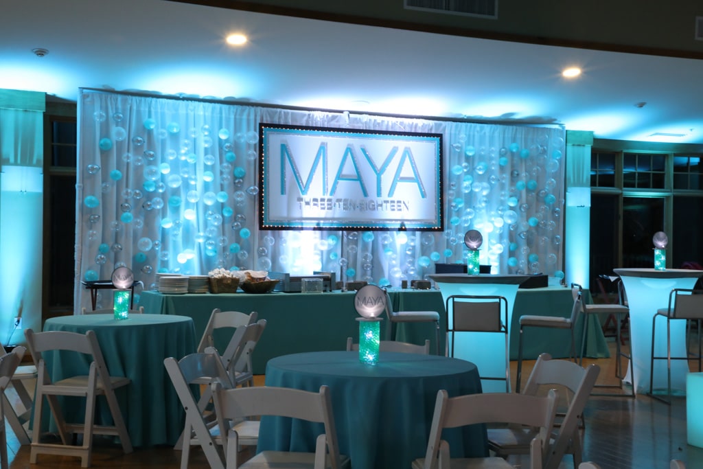 Club Themed Backdrop with Custom Logo and LED Balloon Wall Display at Temple Bet Am Shalom