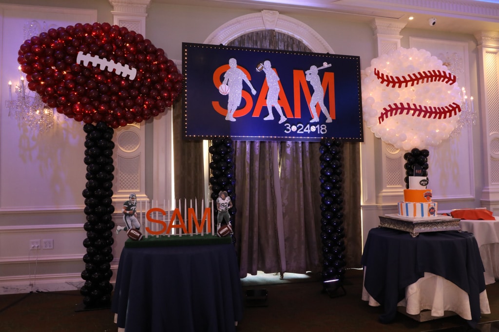 Sports Themed Backdrop with Custom Logo & Football and Baseball Balloon Sculptures