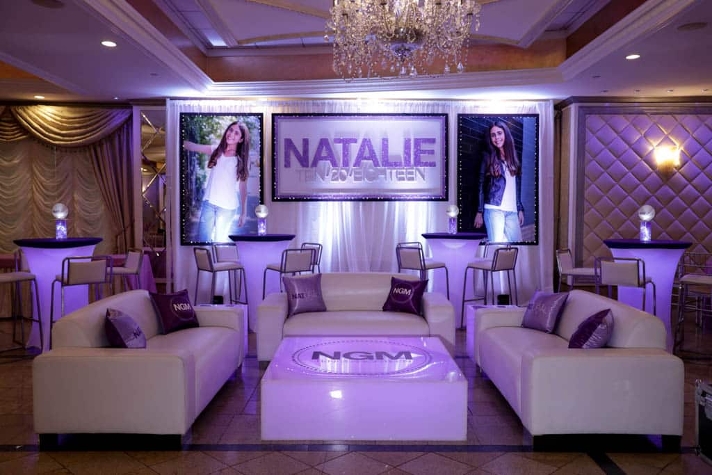 Bat Mitzvah Backdrop with Glittered Name and Date and Blowup Photos at Seasons