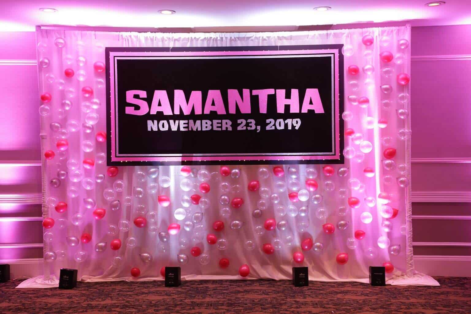 Bat Mitzvah Backdrop with Glittered Name and Date and Pink LED Balloon Bubble Wall