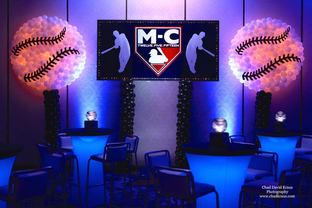 Baseball Themed Bnai Mitzvah with Custom Logo Backdrop and Baseball Balloon Sculptures
