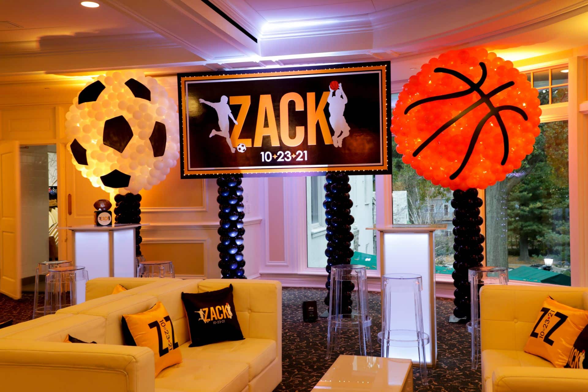 Custom LED Logo Backdrop on a Balloon Base and Sports Balloon Sculptures for Bar Mitzvah Decor