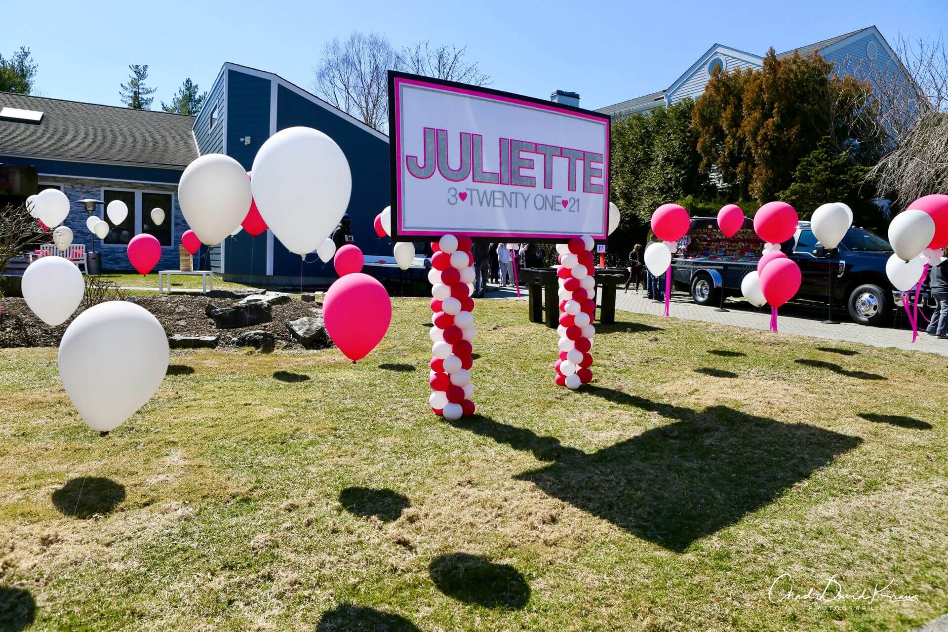 Custom Glittered Sign on Balloon Poles with Balloon Scape for Bat Mitzvah Drive By