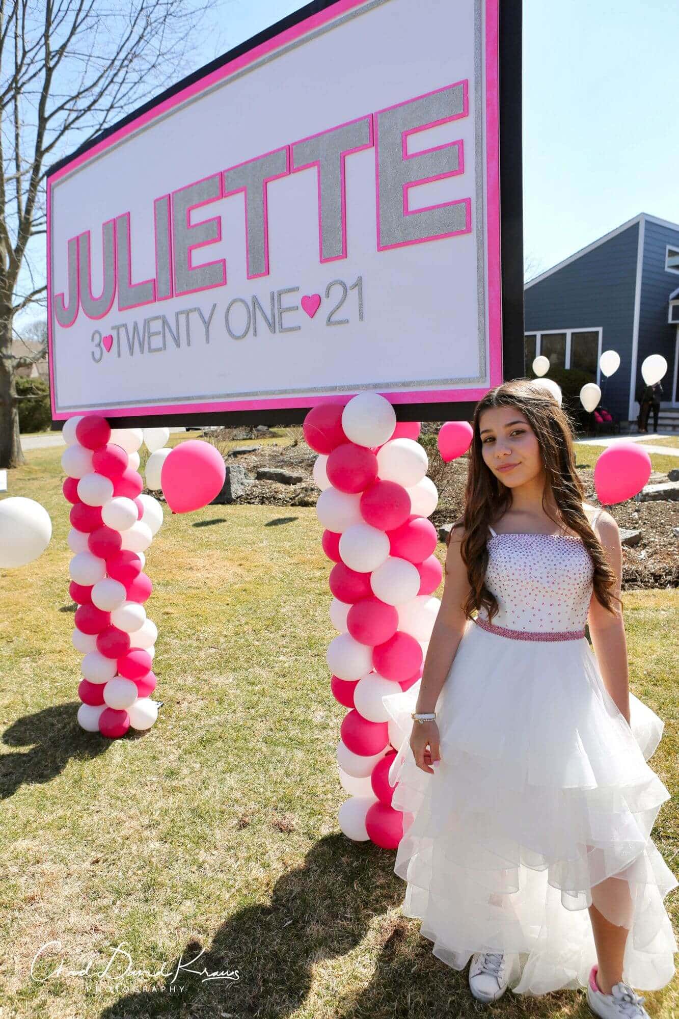Custom Glittered Sign on Balloon Poles for Bat Mitzvah Drive By