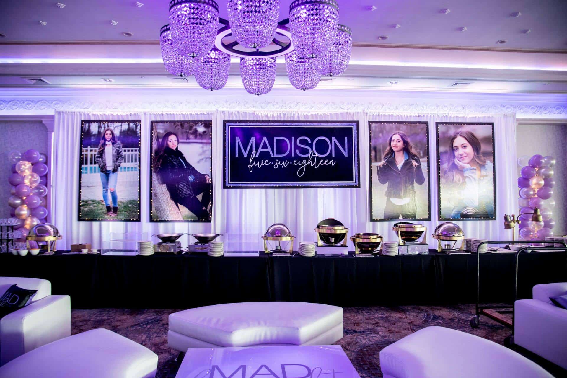 Custom Bat Mitzvah Lounge Backdrop with Logo and Blowup Photos at Marina Del Ray, NY