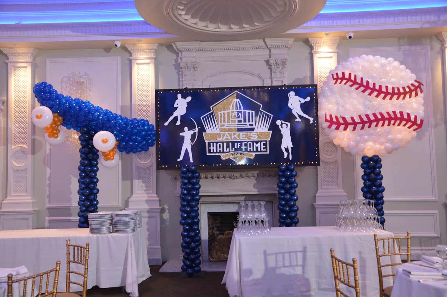 Sports Themed Bar Mitzvah Backdrop with Baseball and Skateboard Balloon Sculpture