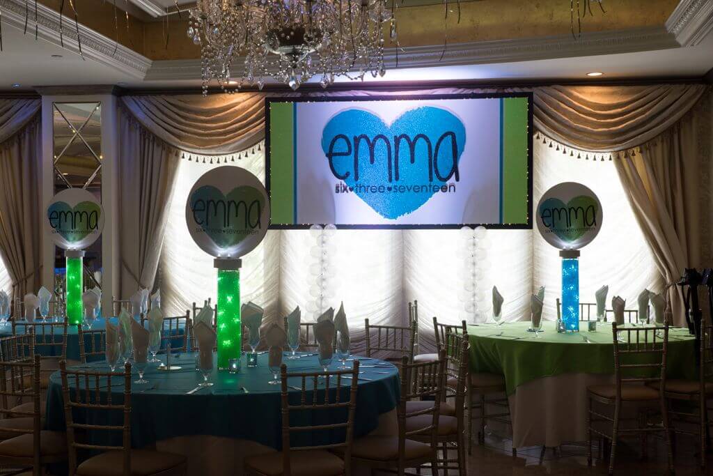 Watercolor Themed Bat Mitzvah Backdrop with Custom Logo and Lights
