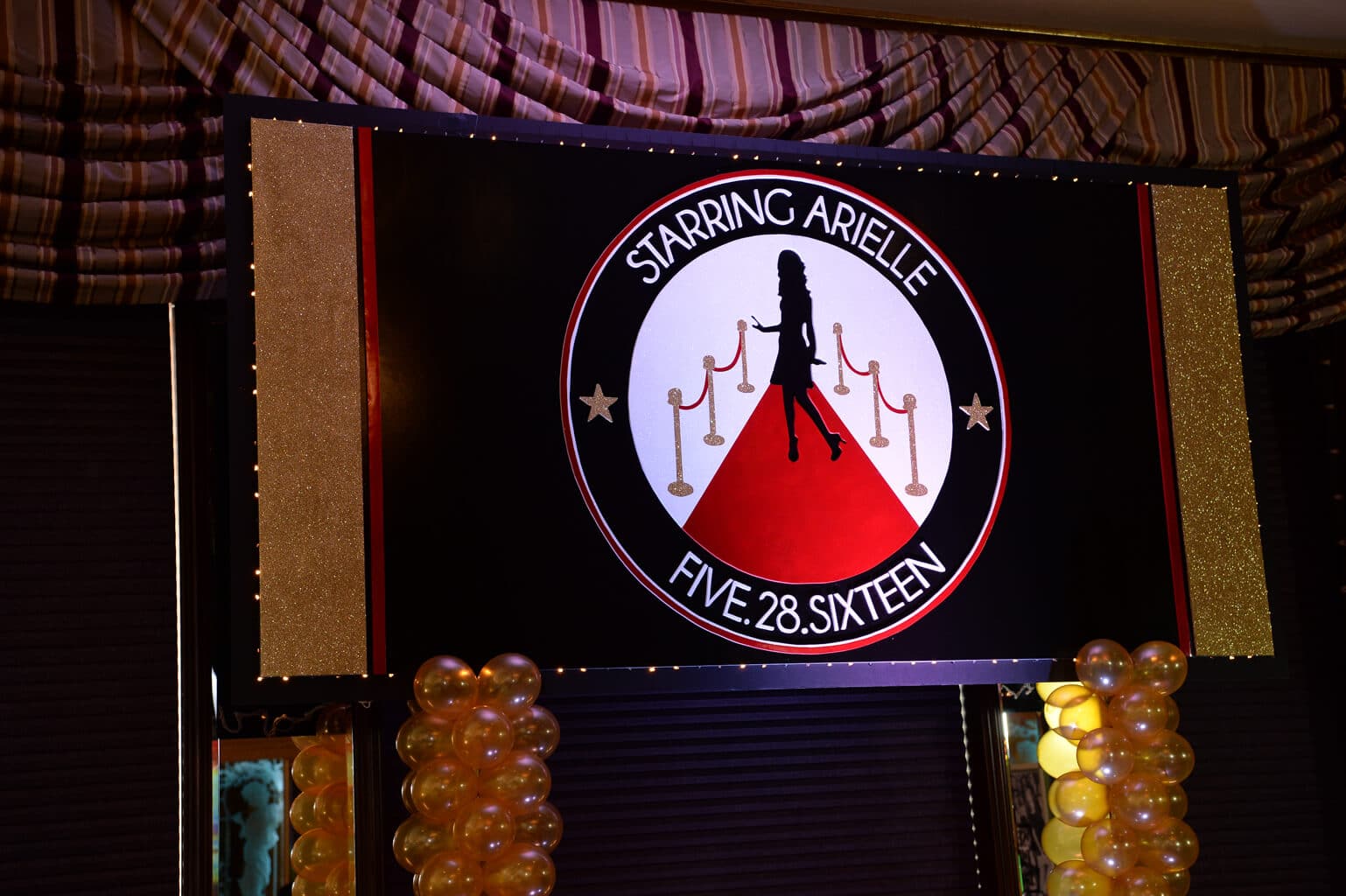 Hollywood Themed Bat Mitzvah Backdrop with Custom Logo and Lights