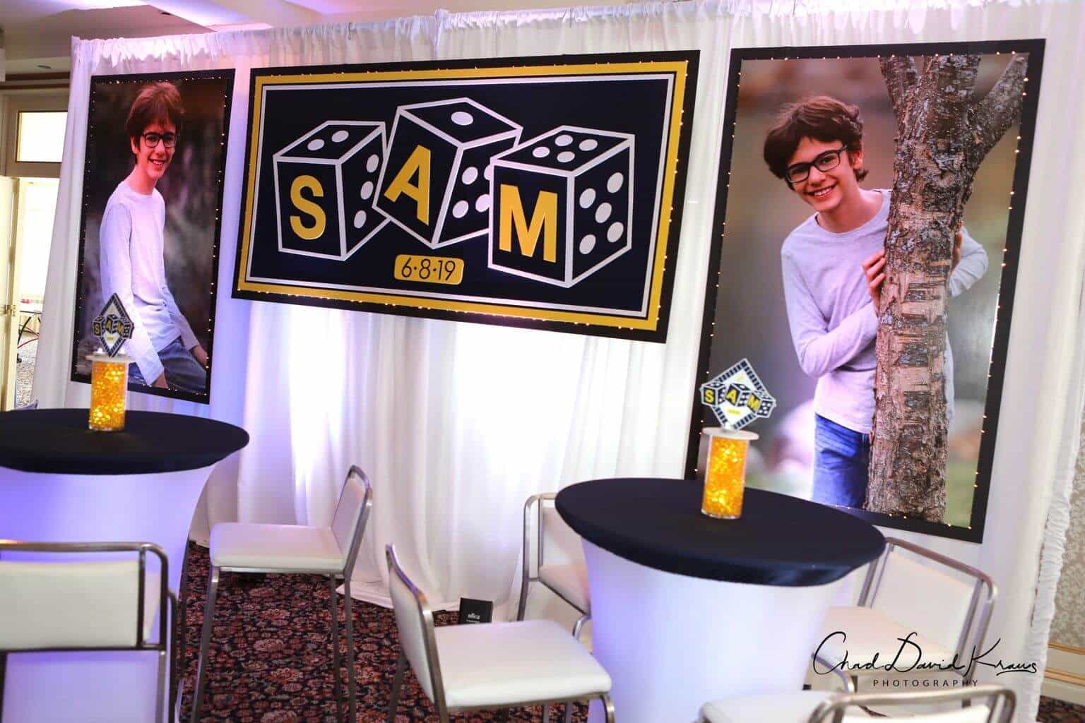 Board Games Themed Bar Mitzvah Backdrop with Custom Logo and Blowup Photos