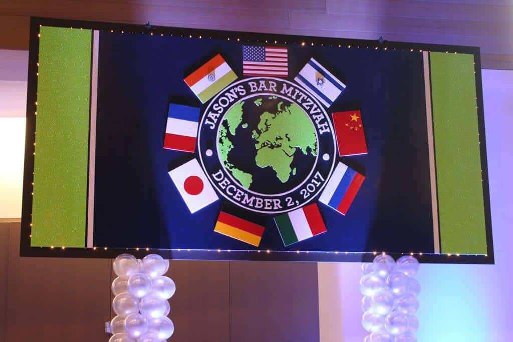 Travel Themed Bar Mitzvah Backdrop with Custom Logo and Country Flags