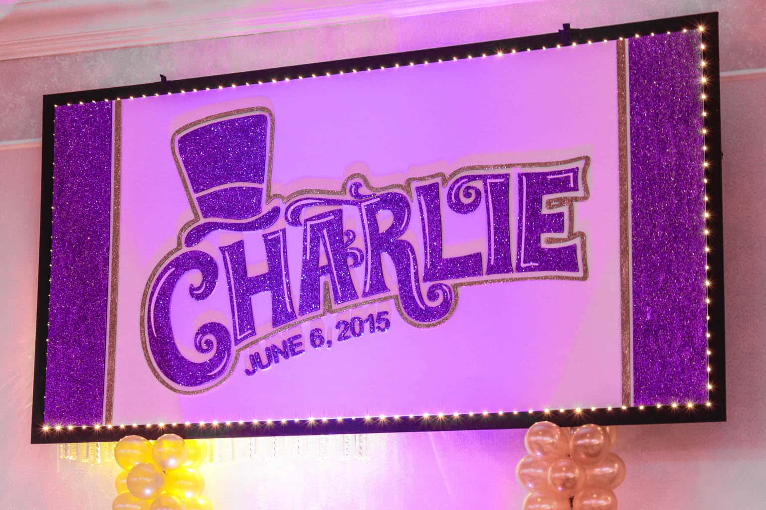 Wonka Themed Bar Mitzvah Backdrop with Custom Logo and Lights
