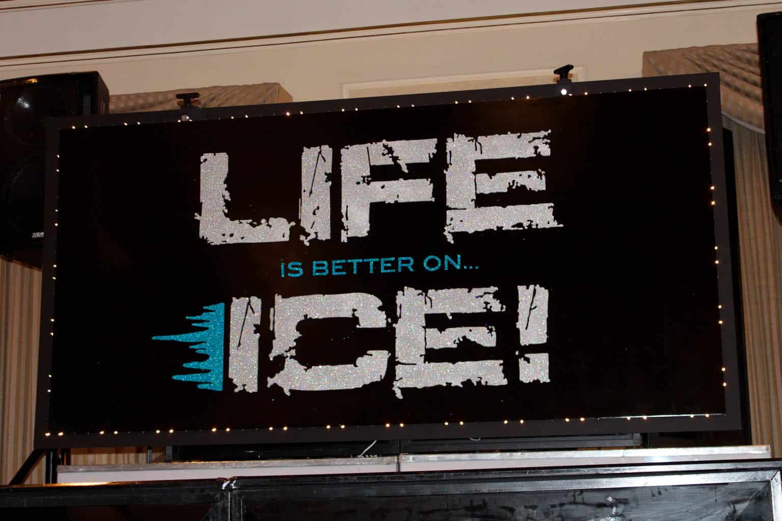 Hockey Themed Bar Mitzvah Backdrop with Custom Logo and Lights