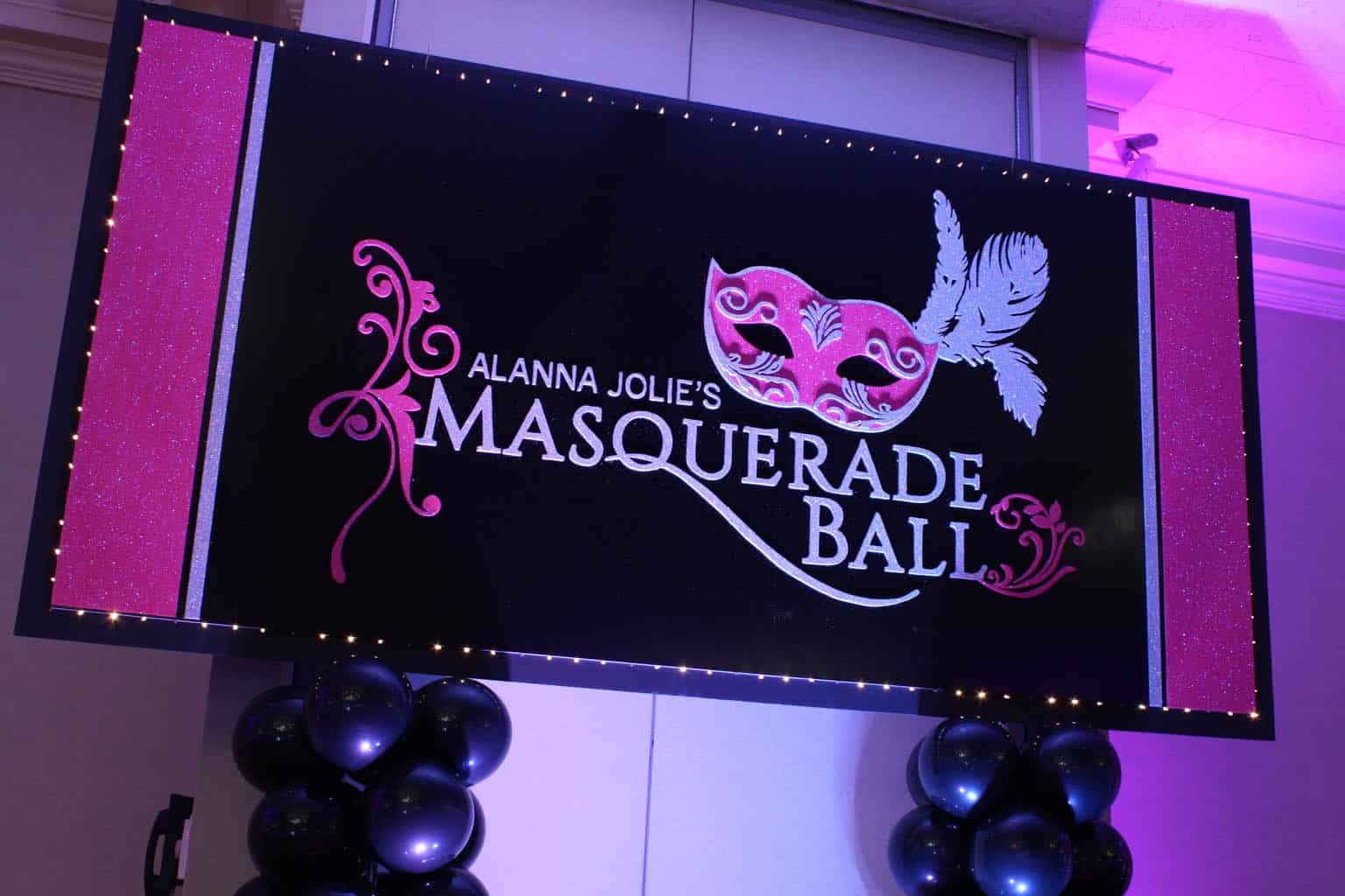 Masquerade Themed Bat Mitzvah Backdrop with Custom Logo and Lights
