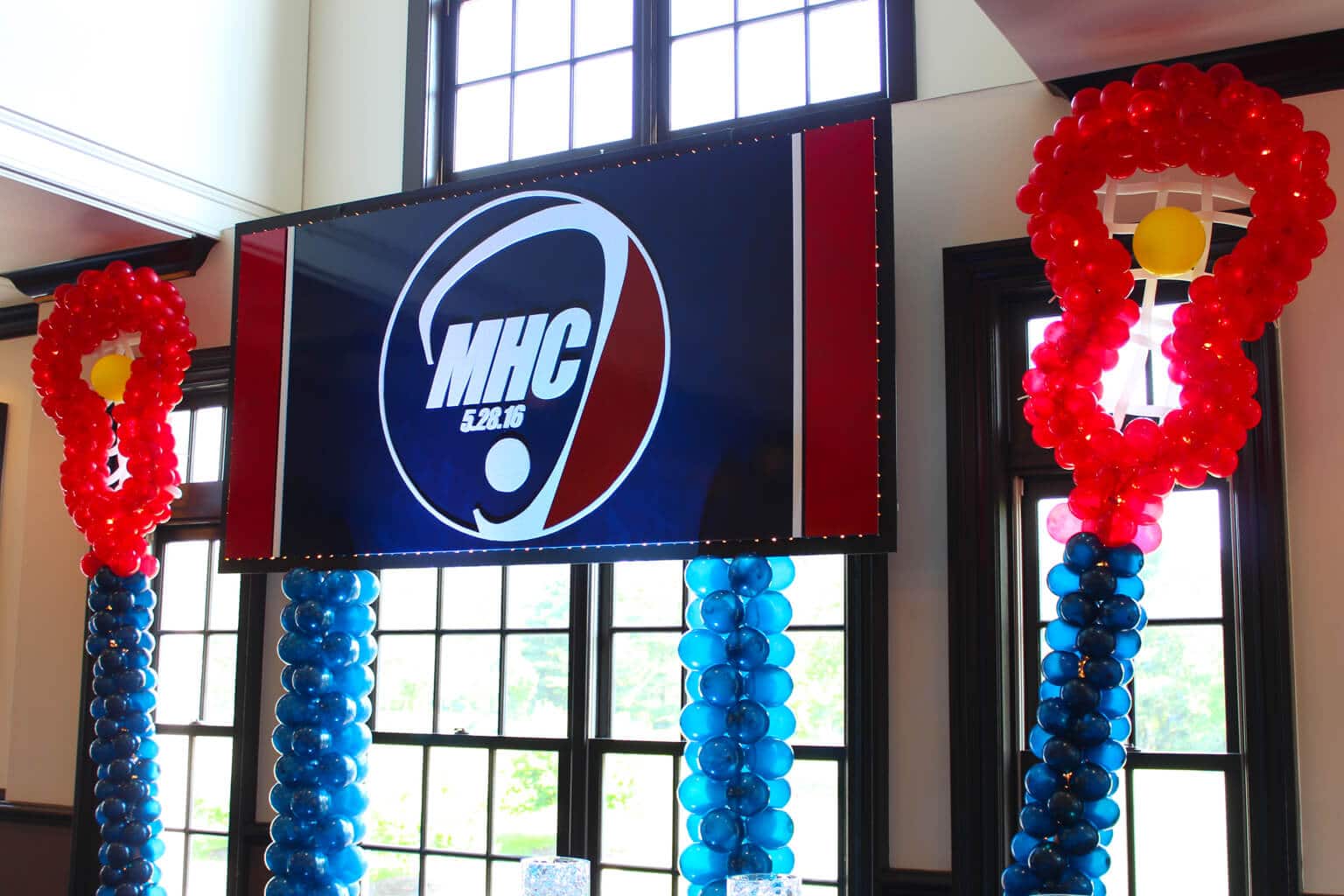 Lacrosse Themed Bar Mitzvah Backdrop with Lacrosse Stick Balloon Sculptures