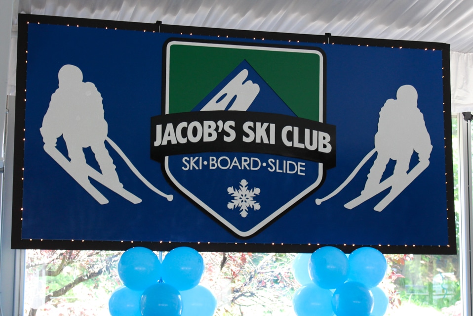 Ski Themed Bat Mitzvah Backdrop with Custom Logo and Sparkly Ski Silhouettes