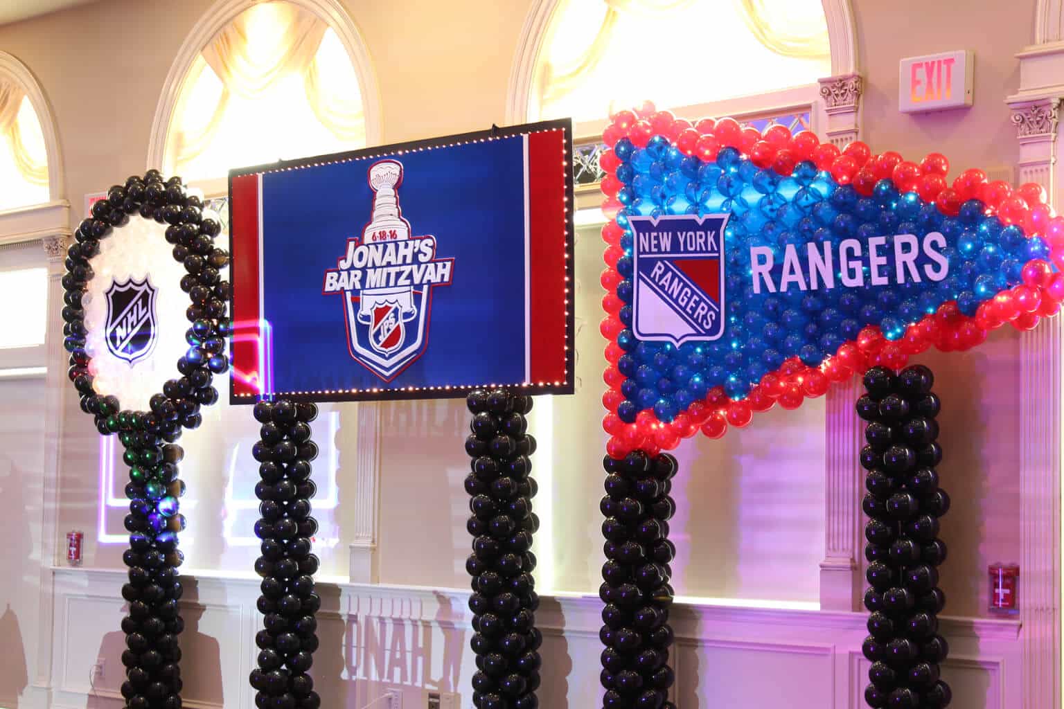 Rangers Backdrop with Custom Logo and Hockey Pennant and Puck Balloon Sculpture